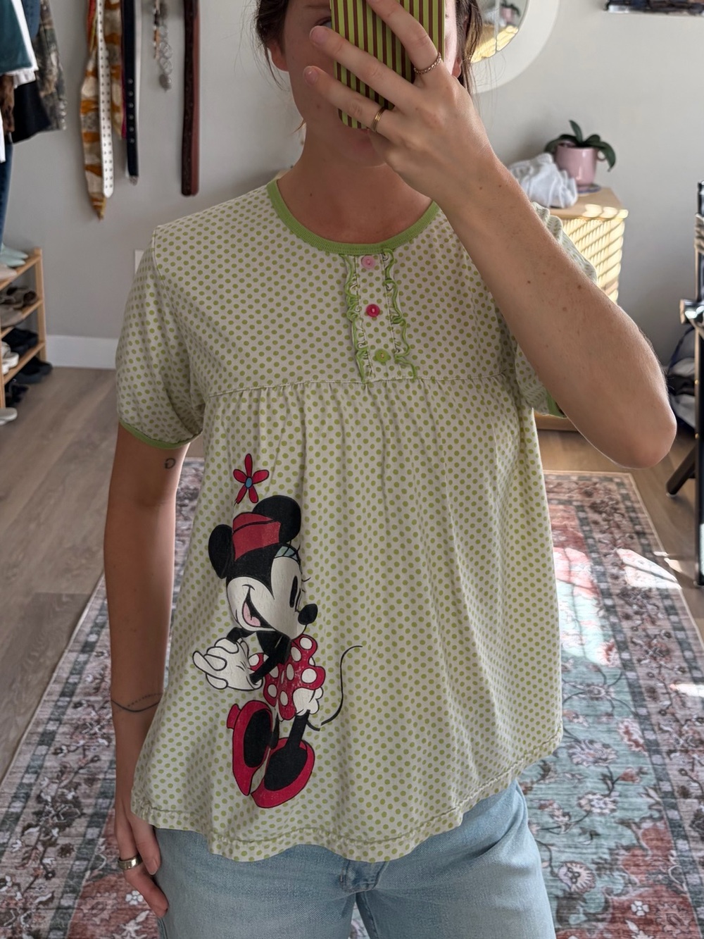 Disney Y2K Minnie Mouse Polka Dot Babydoll Graphic Top